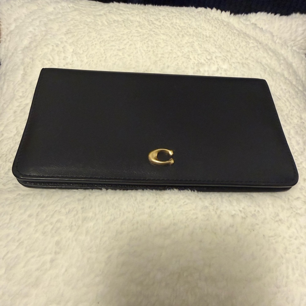 Coach Black Leather Continental Wallet with Gold 'C' Accent
